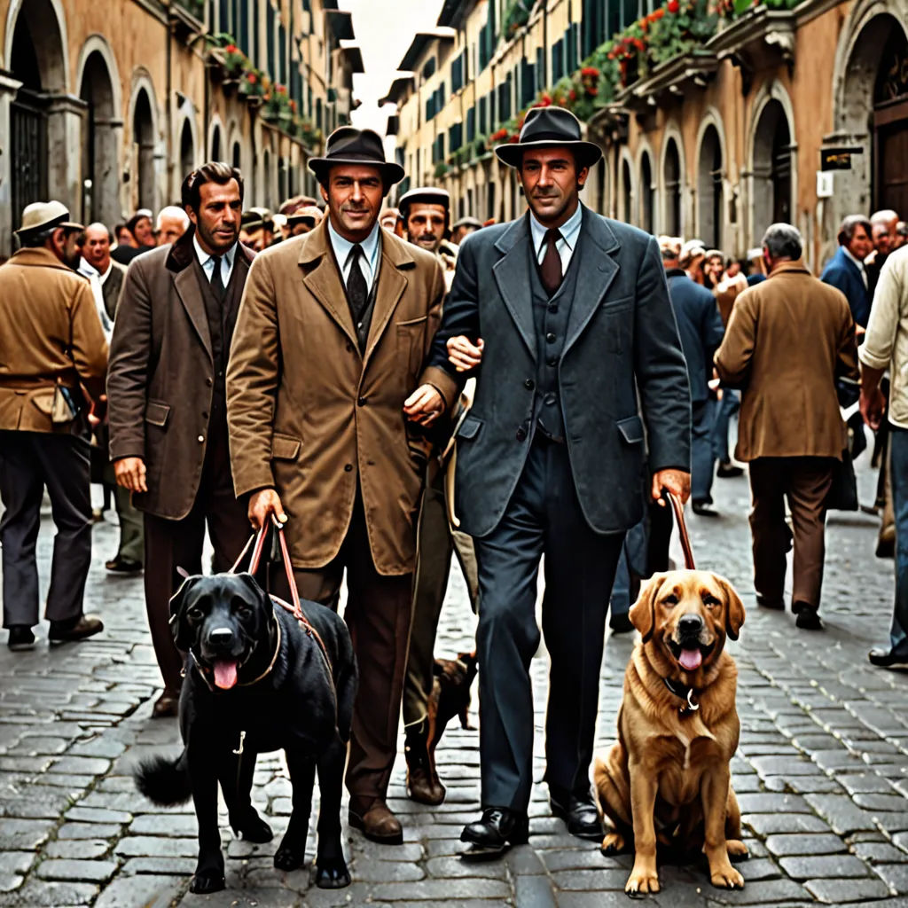 a group of men walking down a street with dogs on leashes and a man in a suit and tie, massurrealism, a colorized photo, Brothers Hildebrandt, promotional image