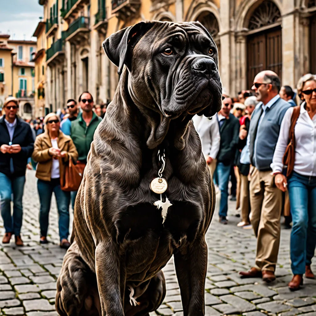 a large dog sitting on top of a stone walkway next to a crowd of people on a city street, hyperrealism, a marble sculpture, Elke Vogelsang, award-winning photograph