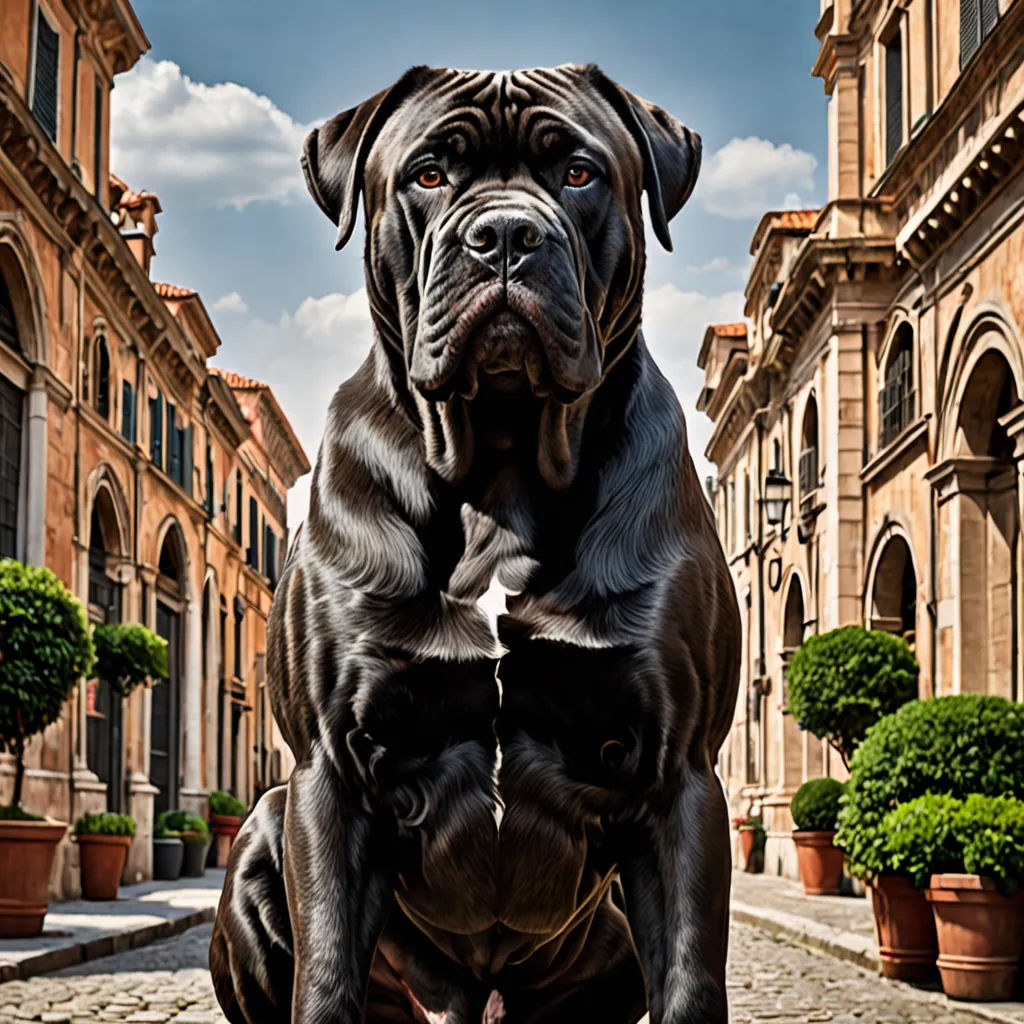 a large dog standing on top of a stone floor next to a building with a clock tower in the background, neoclassicism, a marble sculpture, Elke Vogelsang, award - winning photography