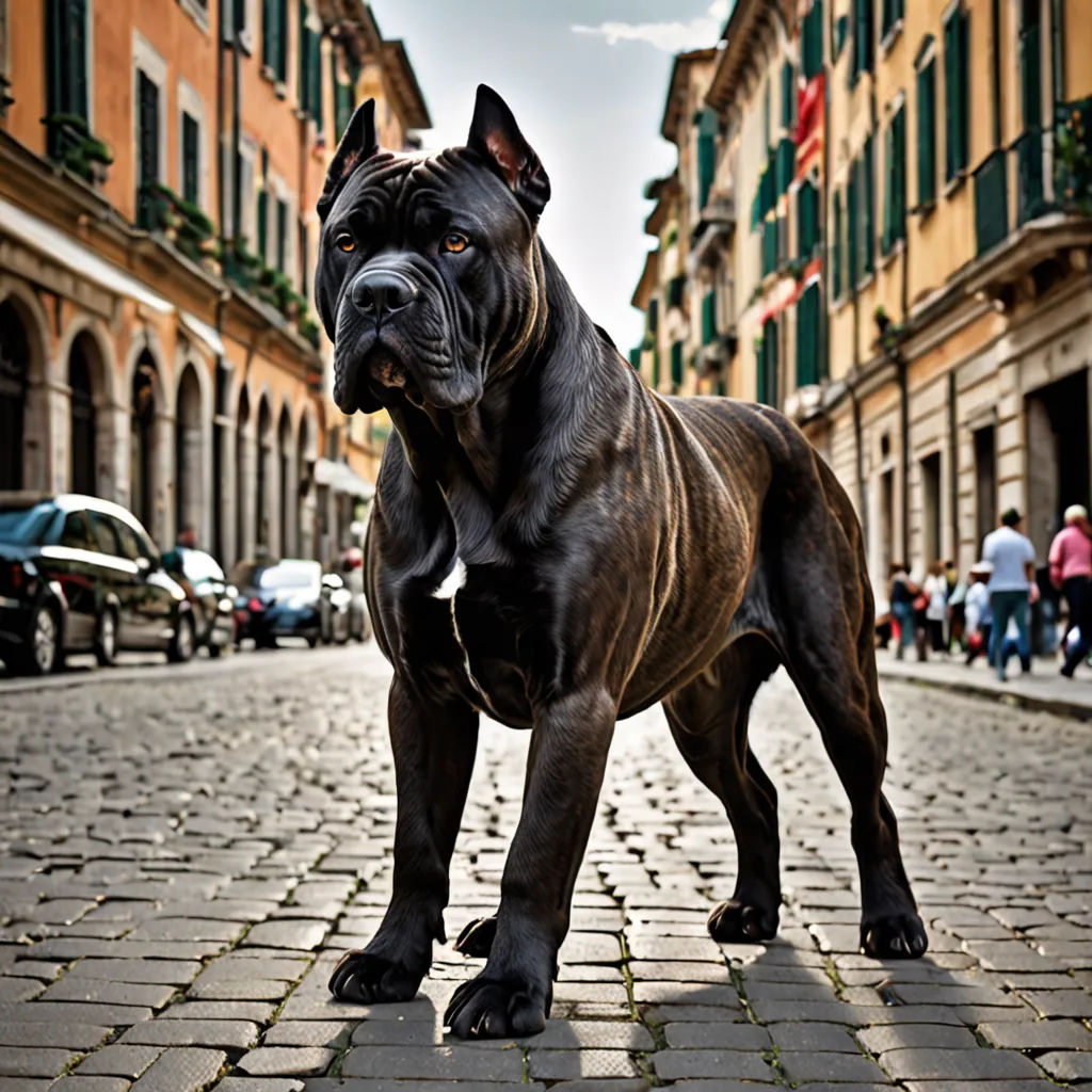 a dog standing on a cobblestone street in a city with buildings and people walking by it and a dog looking at the camera, neoclassicism, a marble sculpture, Dosso Dossi, animal photography