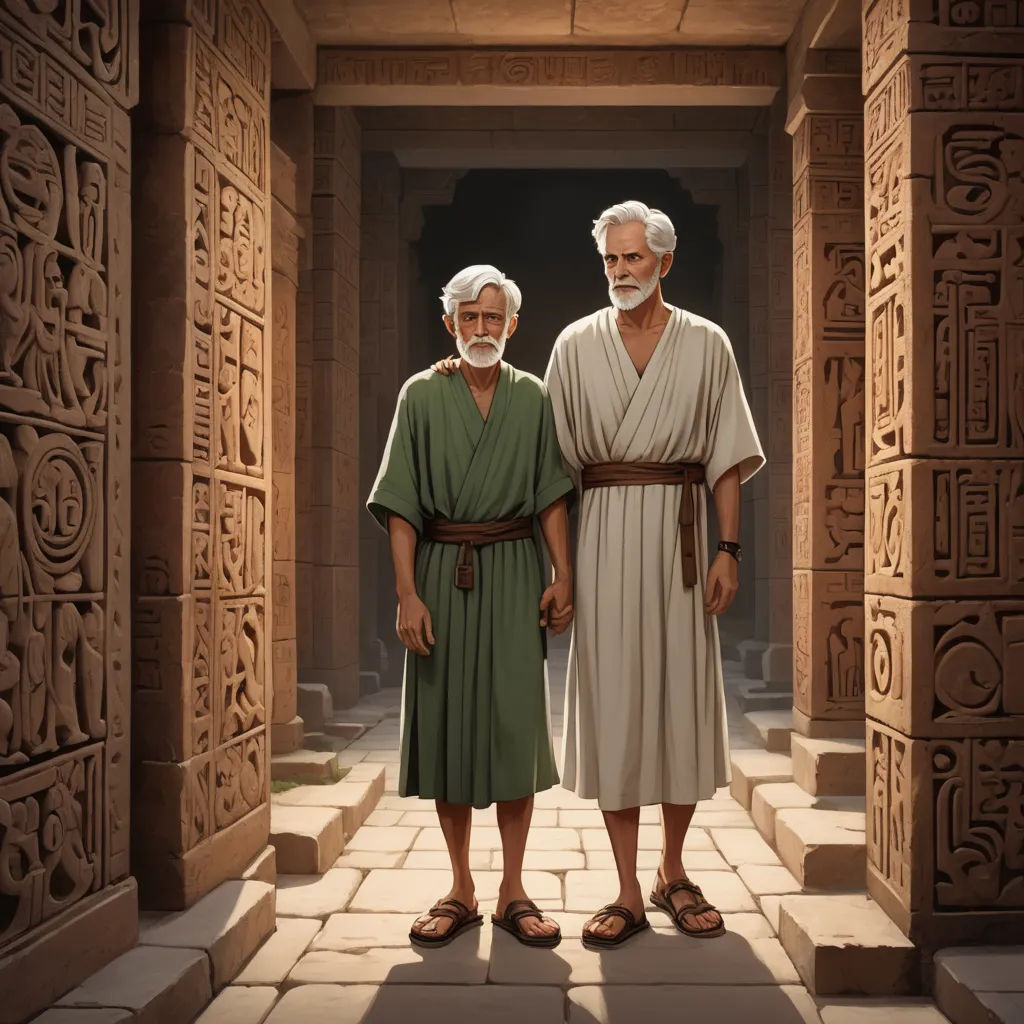 two people standing in a room with a stone wall and a doorway with carvings on it and a man in a green robe, serial art, computer graphics, Brothers Hildebrandt, rossdraws global illumination
