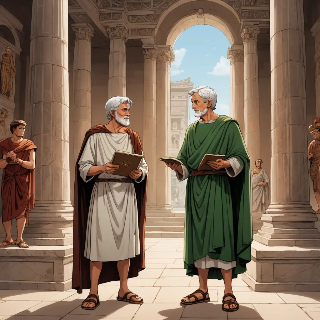 a painting of two men standing in a room with columns and columns, one holding a book and the other holding a folder, classical realism, a detailed matte painting, Brothers Hildebrandt, official art