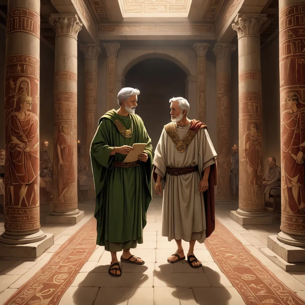 two men in roman garb standing in a hallway with columns and paintings on the walls behind them, one of them is reading a book, letterism, a detailed matte painting, Brothers Hildebrandt, highly detailed digital painting