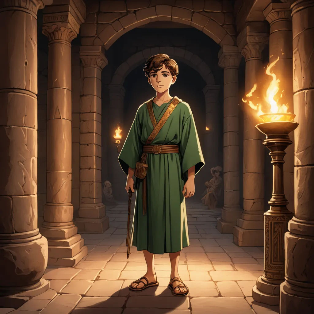 a cartoon of a man in a green robe standing in a hallway with a torch in his hand and a fire in his hand, fantasy art, concept art, Christophe Vacher, rossdraws global illumination