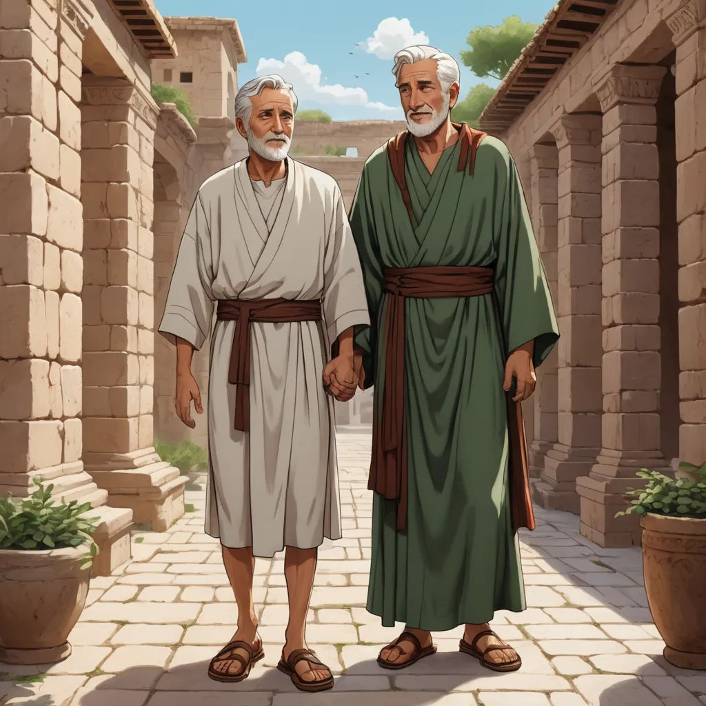 two men in ancient greek garb standing next to each other on a brick walkway with a potted plant, incoherents, a digital rendering, Brothers Hildebrandt, official art