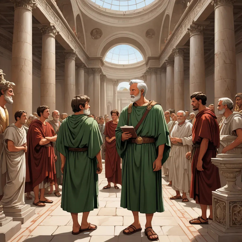 a painting of a group of men in a building with columns and a skylight above them, and a man in a green robe standing in front of a crowd, classical realism, a detailed matte painting, Brothers Hildebrandt, highly detailed digital painting