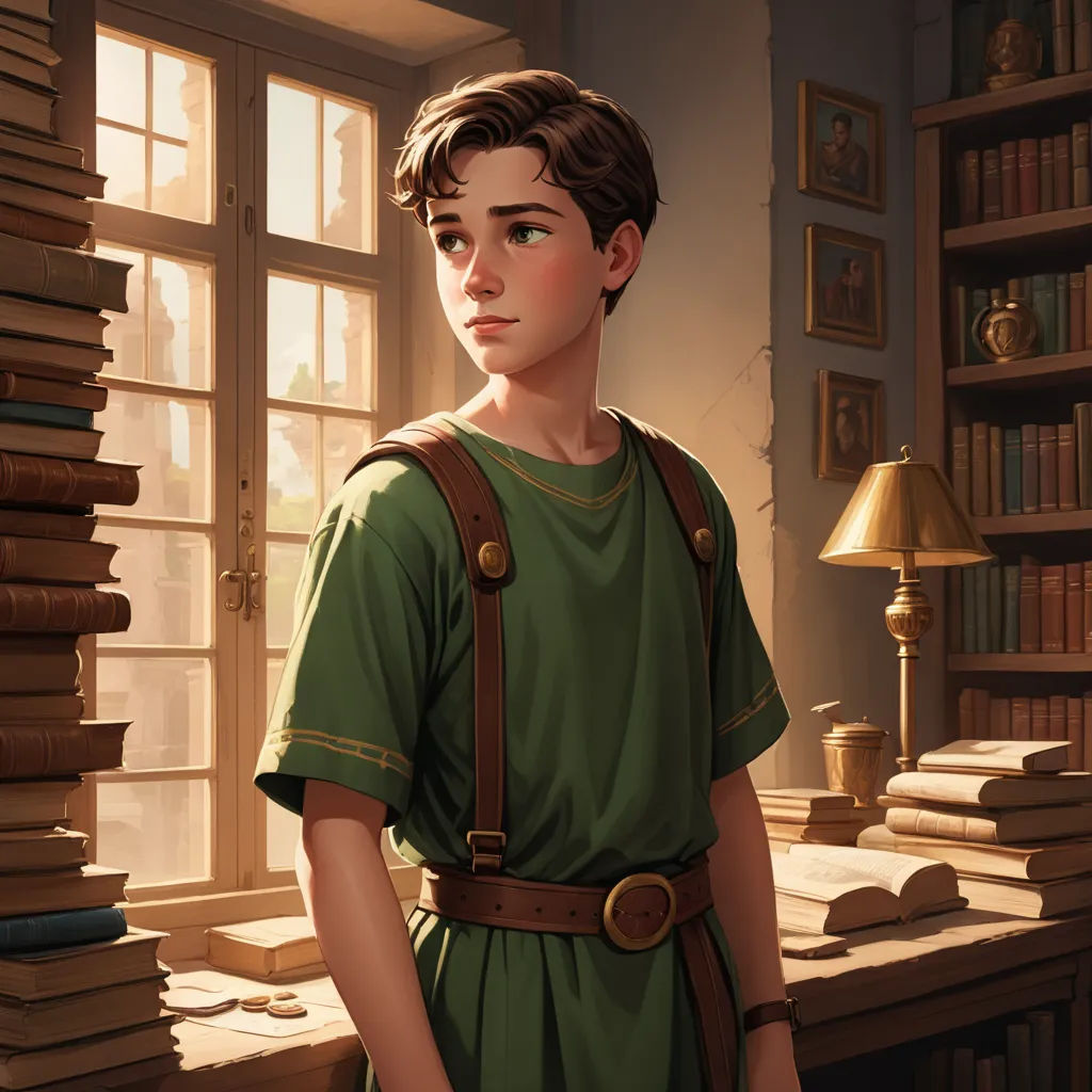 a boy in a green dress standing in front of a window with a bookcase in the background and a lamp on the table, fantasy art, a storybook illustration, Clint Cearley, kinkade