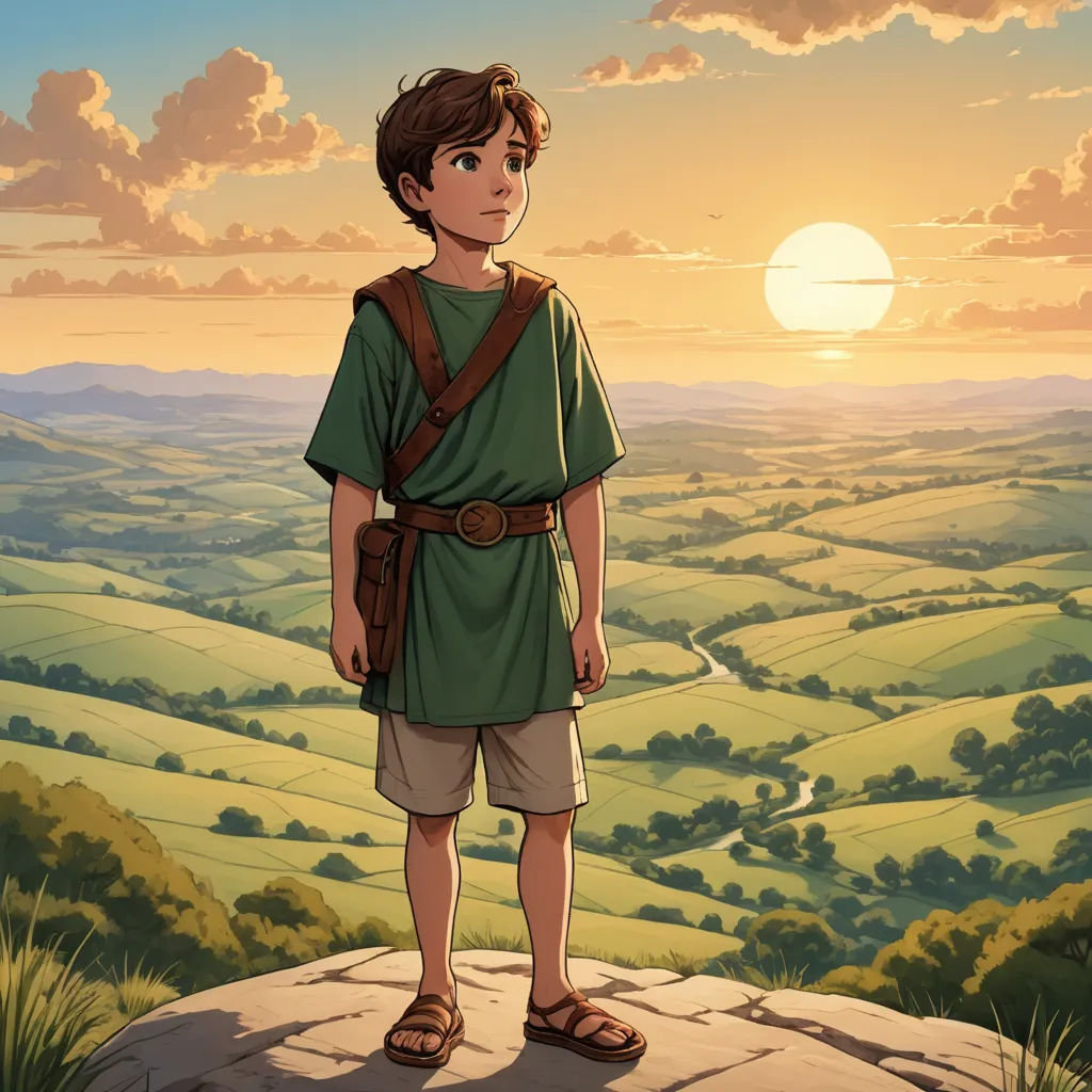a boy standing on a rock with a view of a valley and hills in the background with a sunset, sots art, a detailed matte painting, Cliff Childs, official art