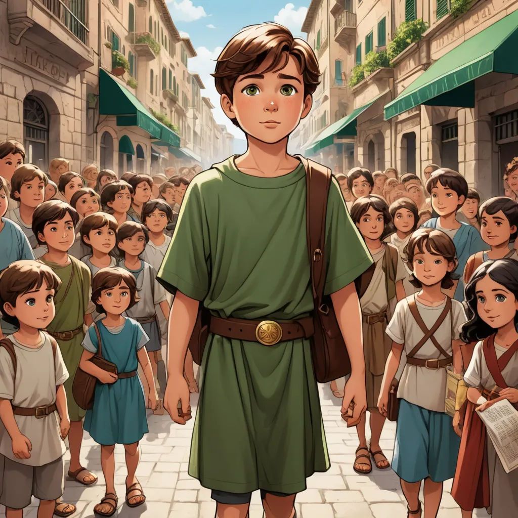 a man in a green shirt standing in front of a crowd of people in a city street with a green awning, classical realism, a storybook illustration, Cliff Childs, graphic novel