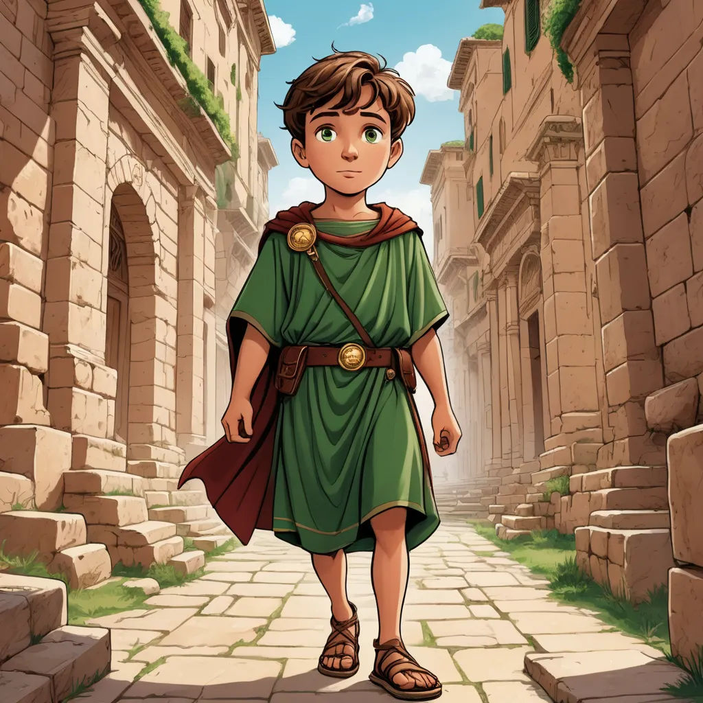 a cartoon of a boy in a roman dress walking down a street with a stone wall and a stone walkway, sots art, concept art, Cedric Seaut (Keos Masons), official art