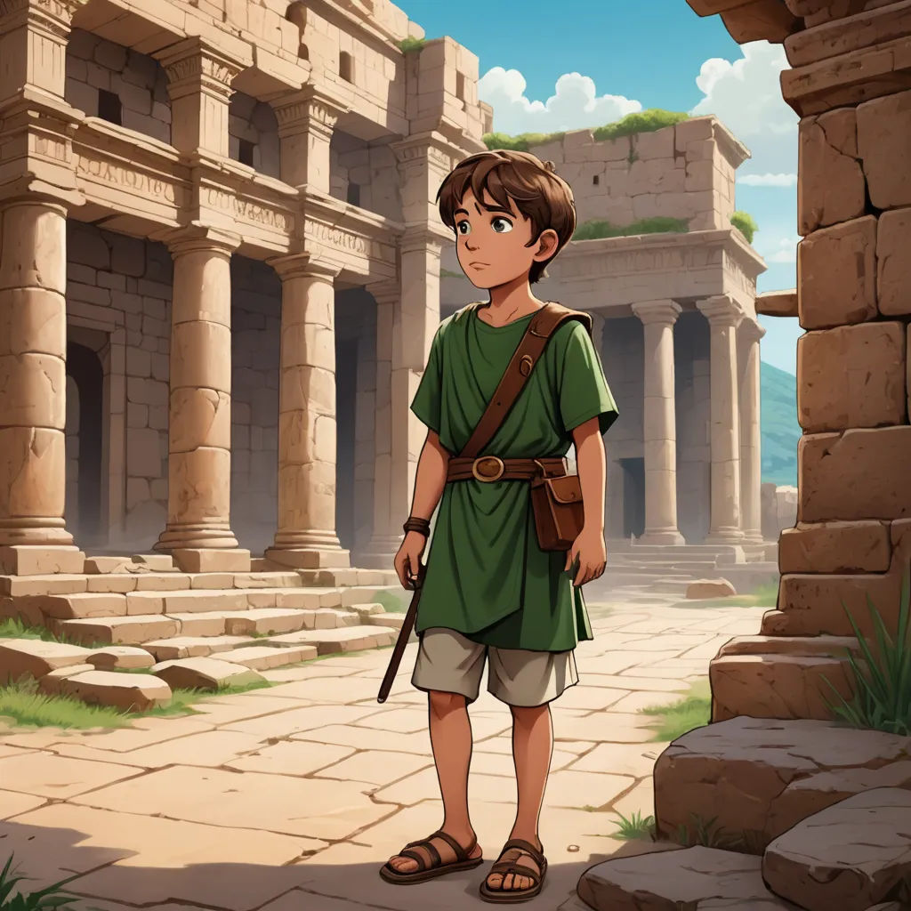 a boy in a green shirt and sandals standing in front of a building with a sword in his hand, sots art, concept art, Cedric Seaut (Keos Masons), official art
