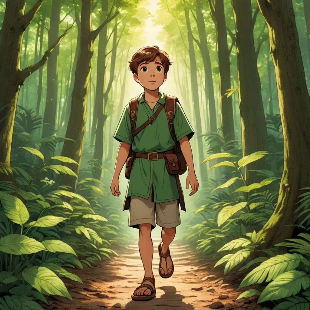 a boy in a green shirt and shorts walking through a forest with a backpack on his back and a backpack on his shoulder, sots art, concept art, Cliff Childs, official art