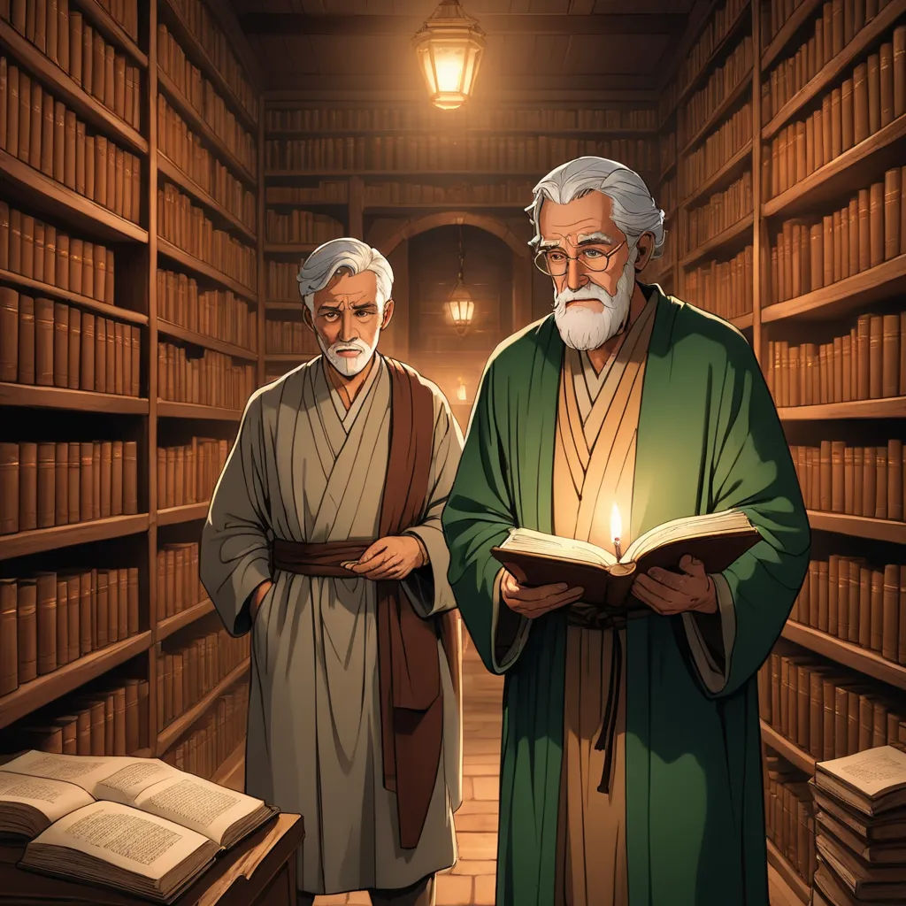 two men standing in a library holding a book and a candle in their hands and looking at the books, fantasy art, a storybook illustration, Brothers Hildebrandt, graphic novel