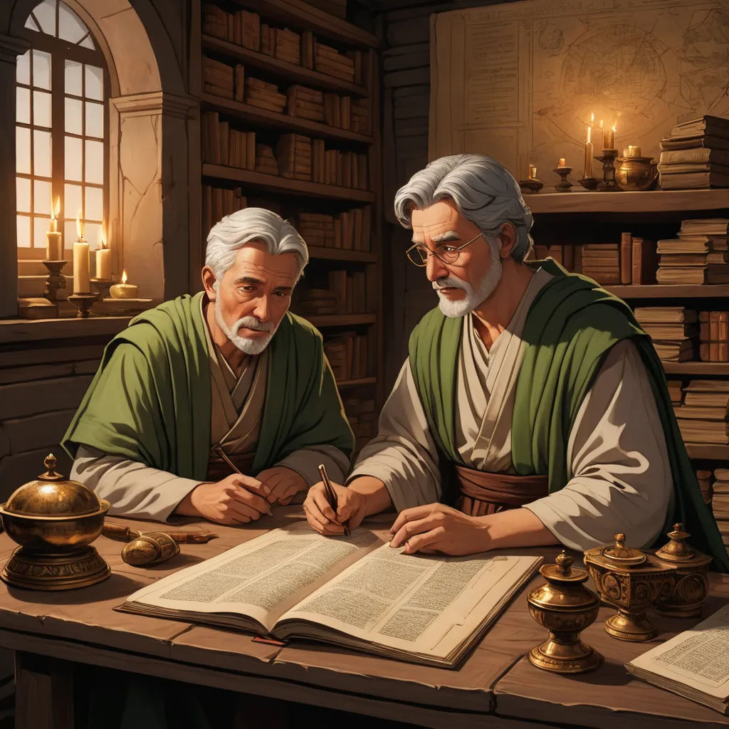 two men sitting at a table with a book and a lamp in front of them, both of them are writing, fantasy art, a detailed matte painting, Brothers Hildebrandt, highly detailed digital painting
