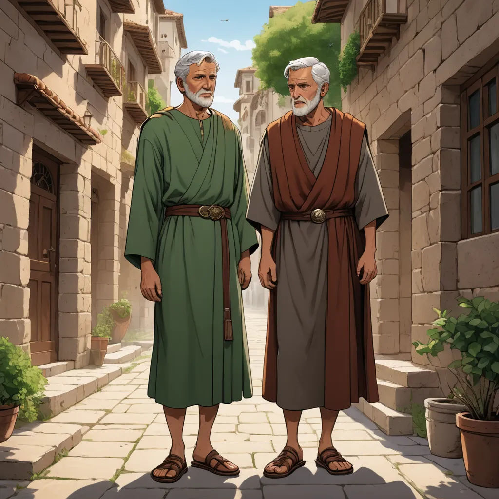 two men in roman garb standing in a narrow street with a stone building in the background and a potted plant in the foreground, incoherents, concept art, Brothers Hildebrandt, official art