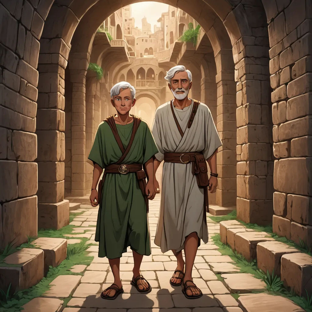 a painting of two people standing in a tunnel with a stone wall and a stone walkway between them is a stone archway with a stone walkway and a stone wall with a stone archway, fantasy art, a storybook illustration, Brothers Hildebrandt, rossdraws global illumination