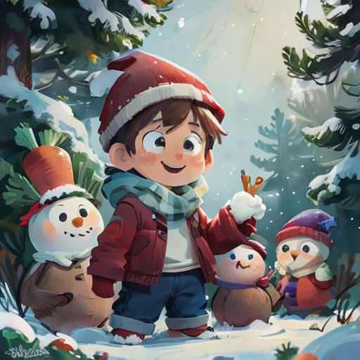a boy in a red jacket and a group of snowmen in a snowy forest with pine trees and snow