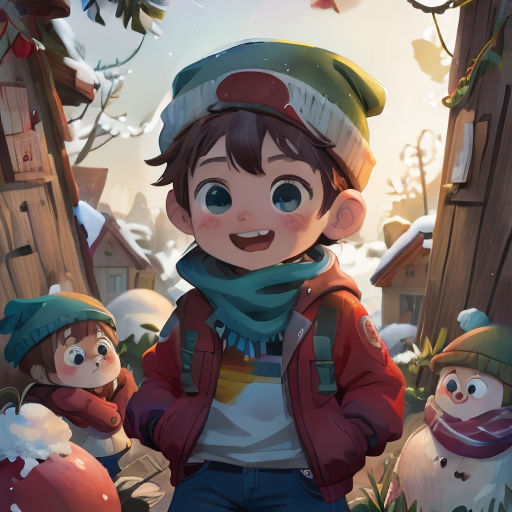 a boy in a red jacket and a green hat standing in front of a snowman and a house