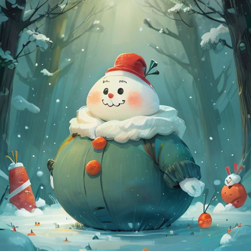 a snowman sitting on top of a ball in the snow with other toys around it and trees in the background