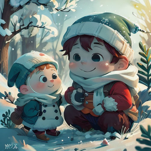 a boy and a girl are sitting in the snow together, looking at something in the distance, with a snowy forest behind them