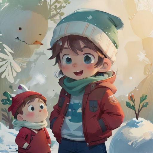 a boy and a girl standing in the snow with a snowman in the background and a snowman in the foreground