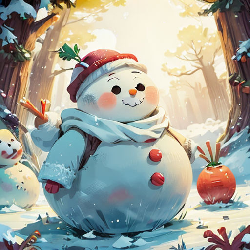 a snowman in a snowy forest with other snowmen around him and a snowman in a red hat