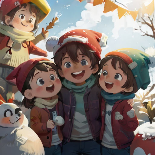 a group of children standing next to each other in the snow with a panda and other animals behind them