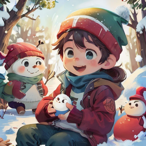 a boy and girl playing with snowballs in the snow in a forest with snowmen and snowmen