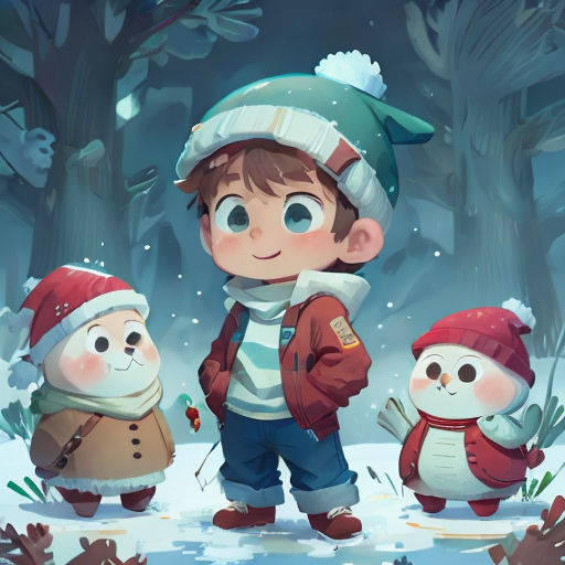 a boy and two snowmen in the snow with a forest background and trees in the background, with snow falling on the ground