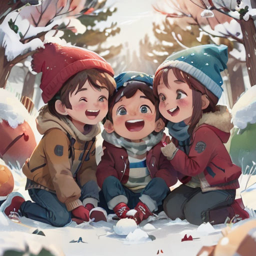 three children are sitting in the snow together and laughing at the camera, with a snowy background behind them