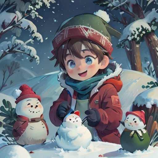 a boy standing next to a snowman and a snowman in the snow with a hat on and a scarf on