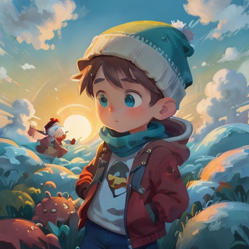 a boy in a hat and jacket standing in a field with a dog in the background and a cat in the distance