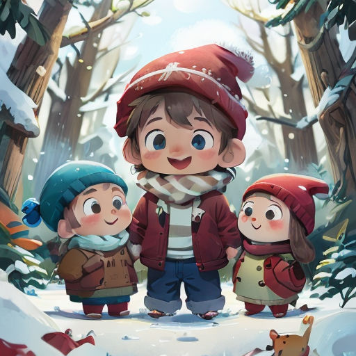 a group of children standing in the snow in a forest with a dog and a snowman behind them