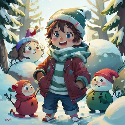 a little girl standing in the snow with two other children in the background and a snowman in the foreground