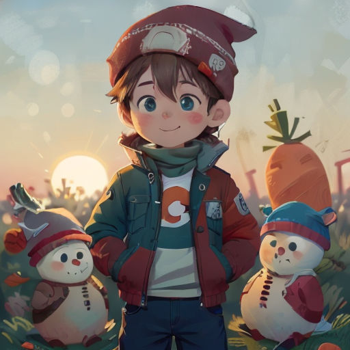 a boy standing in a field with two snowmen and a snowman behind him, with the sun behind him