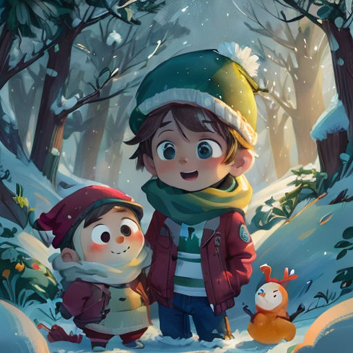 a boy and a girl standing in the snow in a forest with a snowman and a snowball