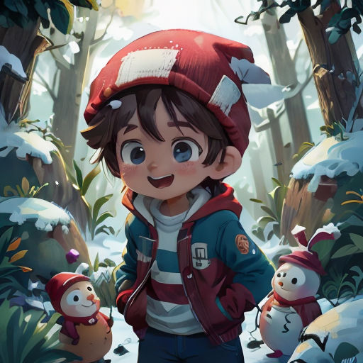 a boy in a red hat standing in the woods with a snowman behind him and a penguin behind him