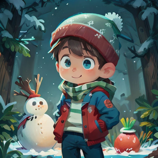 a boy in a red jacket and a green hat standing next to a snowman in a forest with trees