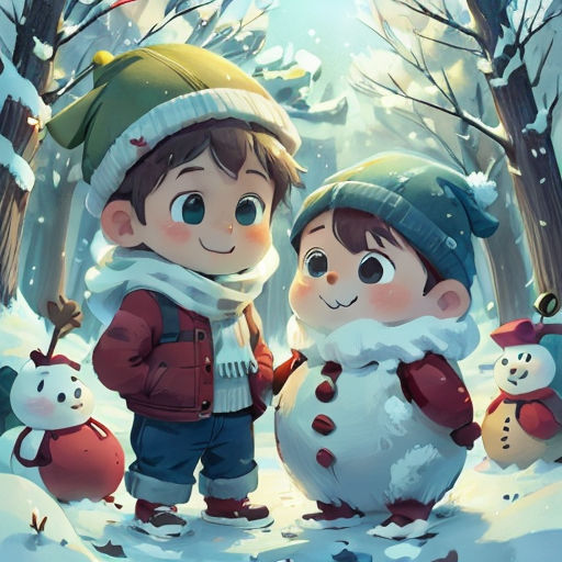 two children standing next to a snowman in the snow with a snowman on the ground and a snowman on the ground
