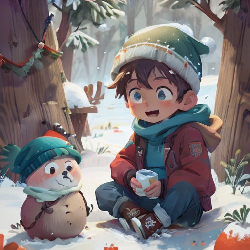 a boy and a girl sitting in the snow with a cup of coffee in their hands and a snowman in the background