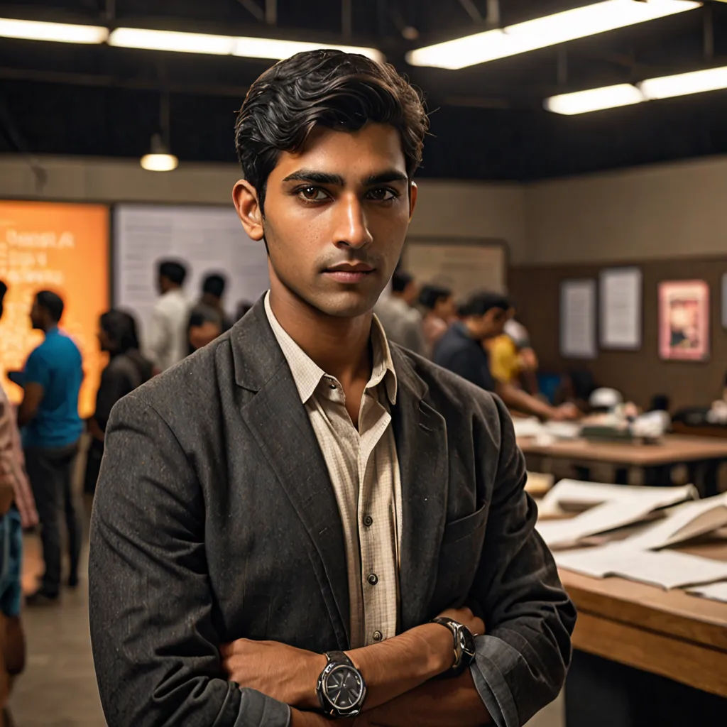 a man standing in a room with his arms crossed and his arms crossed in front of him, with people in the background, bengal school of art, a character portrait, Bhupen Khakhar, promotional image