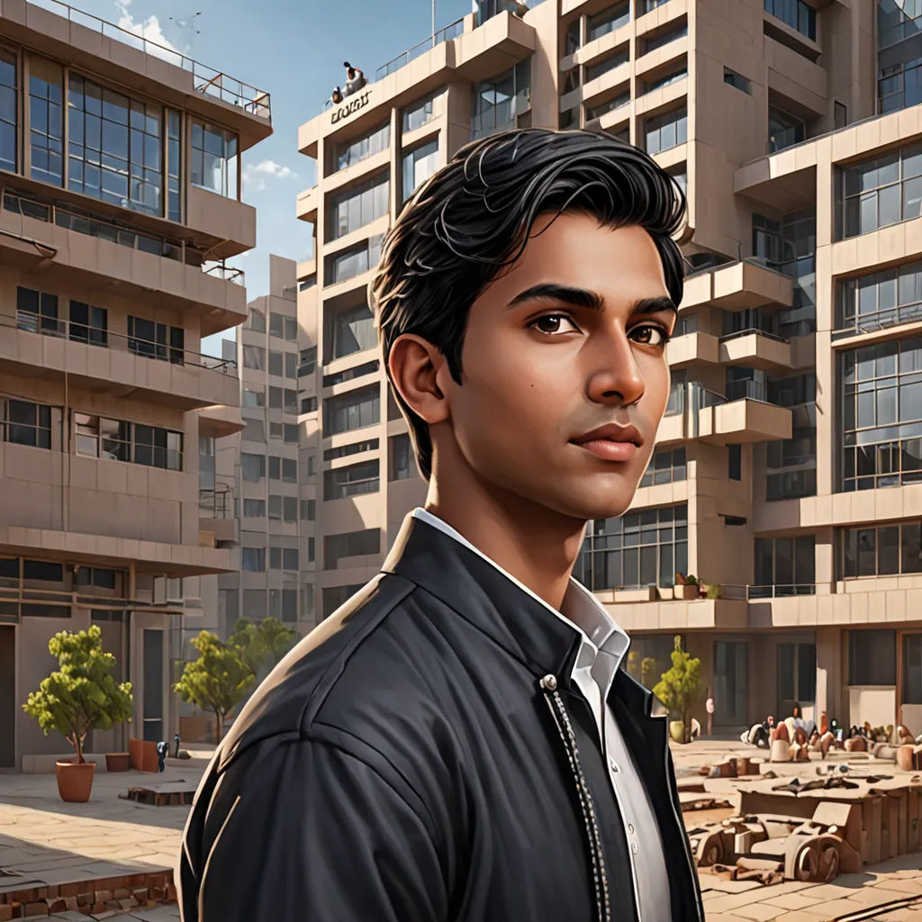 a man in a black jacket standing in front of a building with a lot of windows and a sky background, photorealism, a character portrait, Chris LaBrooy, highly detailed digital painting