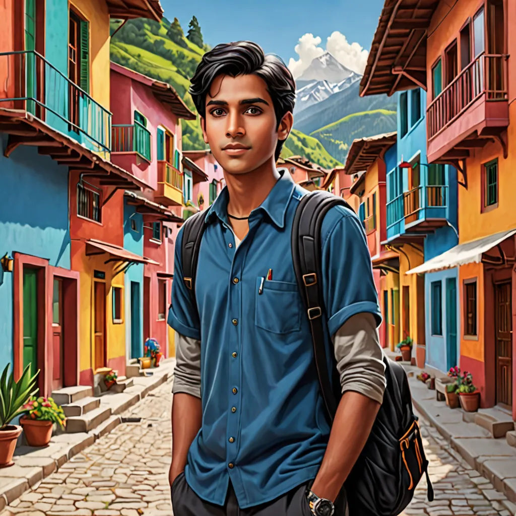 a man standing in front of a street with a backpack on his shoulder and a mountain in the background, american scene painting, a character portrait, Bhupen Khakhar, key art