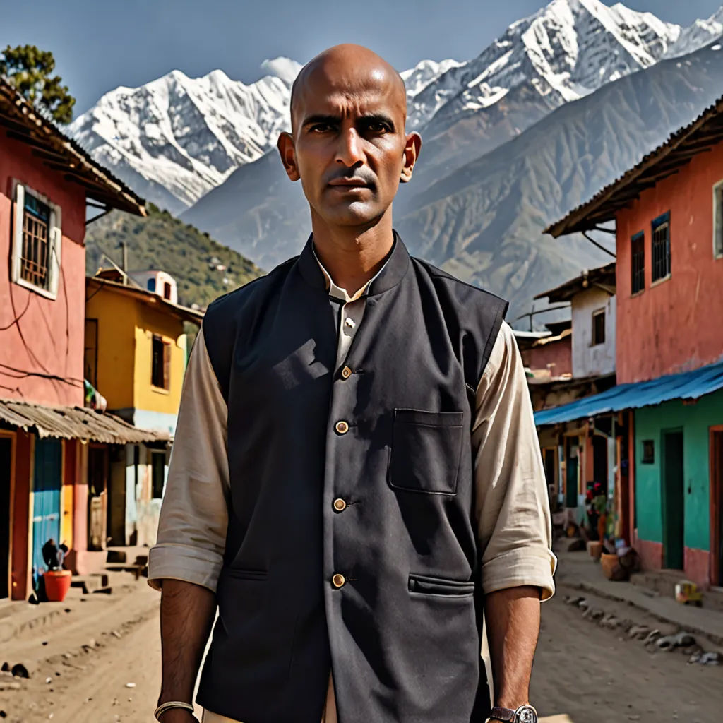 a man standing in front of a mountain range in a village with colorful houses and a mountain in the background, samikshavad, a character portrait, Bikash Bhattacharjee, promotional image