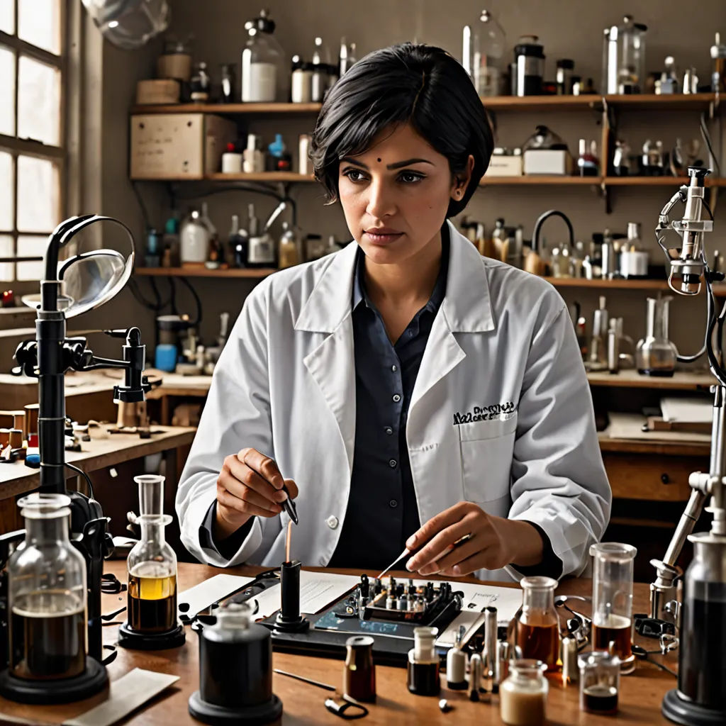a woman in a lab coat is working on a piece of equipment in a laboratory area with a microscope and other equipment, academic art, a character portrait, Claire Falkenstein, promotional image