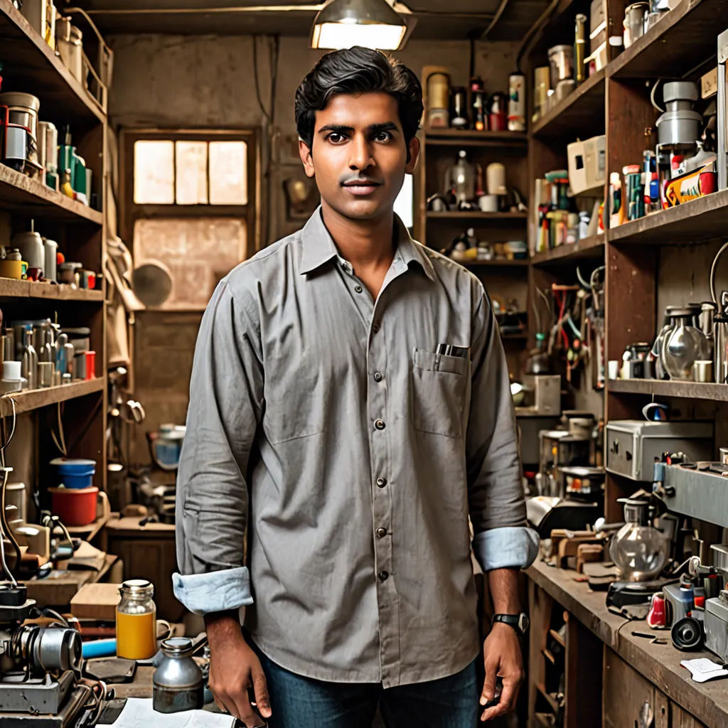 a man standing in a room full of shelves with various items on them and a lamp above him,, bengal school of art, a character portrait, Bhupen Khakhar, jayison devadas
