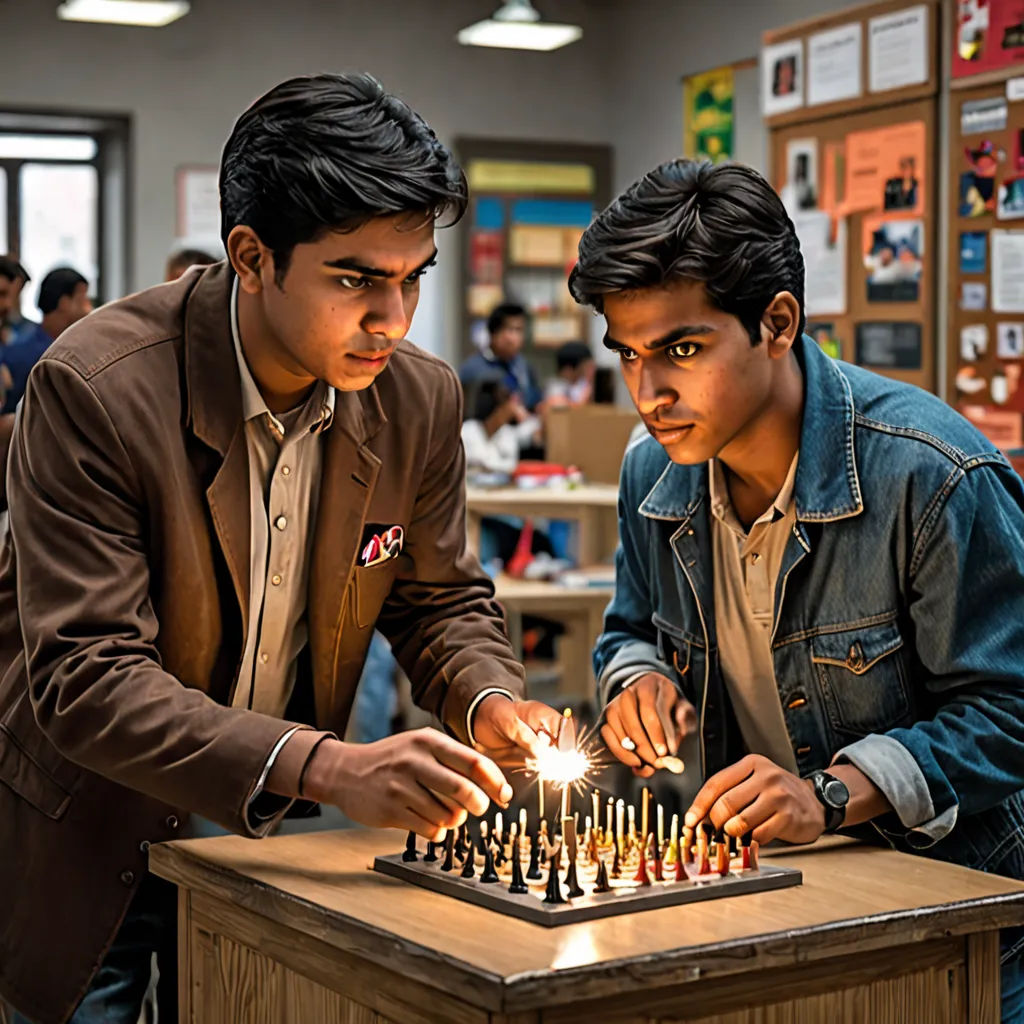 two men are playing a game of chess together in a classroom setting with a wooden table and chairs and a wooden table with a lit up chess, samikshavad, poster art, Bhupen Khakhar, promotional image
