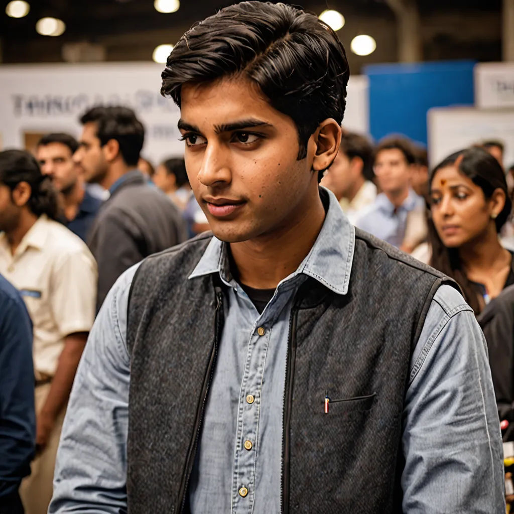a man standing in front of a crowd of people at a convention or convention center with a cell phone in his hand, samikshavad, a character portrait, Bholekar Srihari, jayison devadas