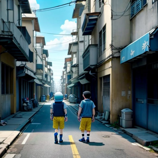 two people walking down a street in a city with buildings on both sides of them and a blue sign on the side of the street