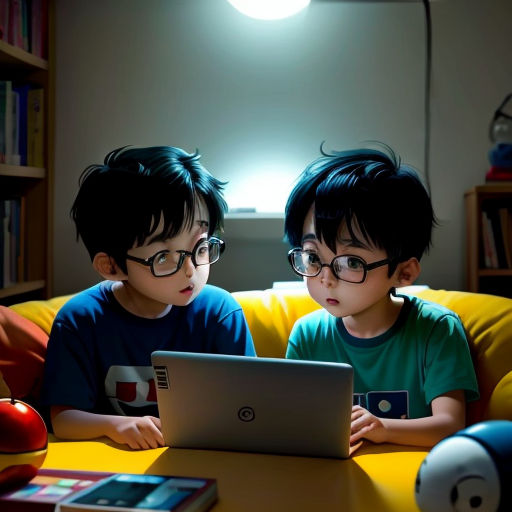 two children sitting on a couch looking at a laptop computer screen at night time, with a light shining on the bookshelf behind them